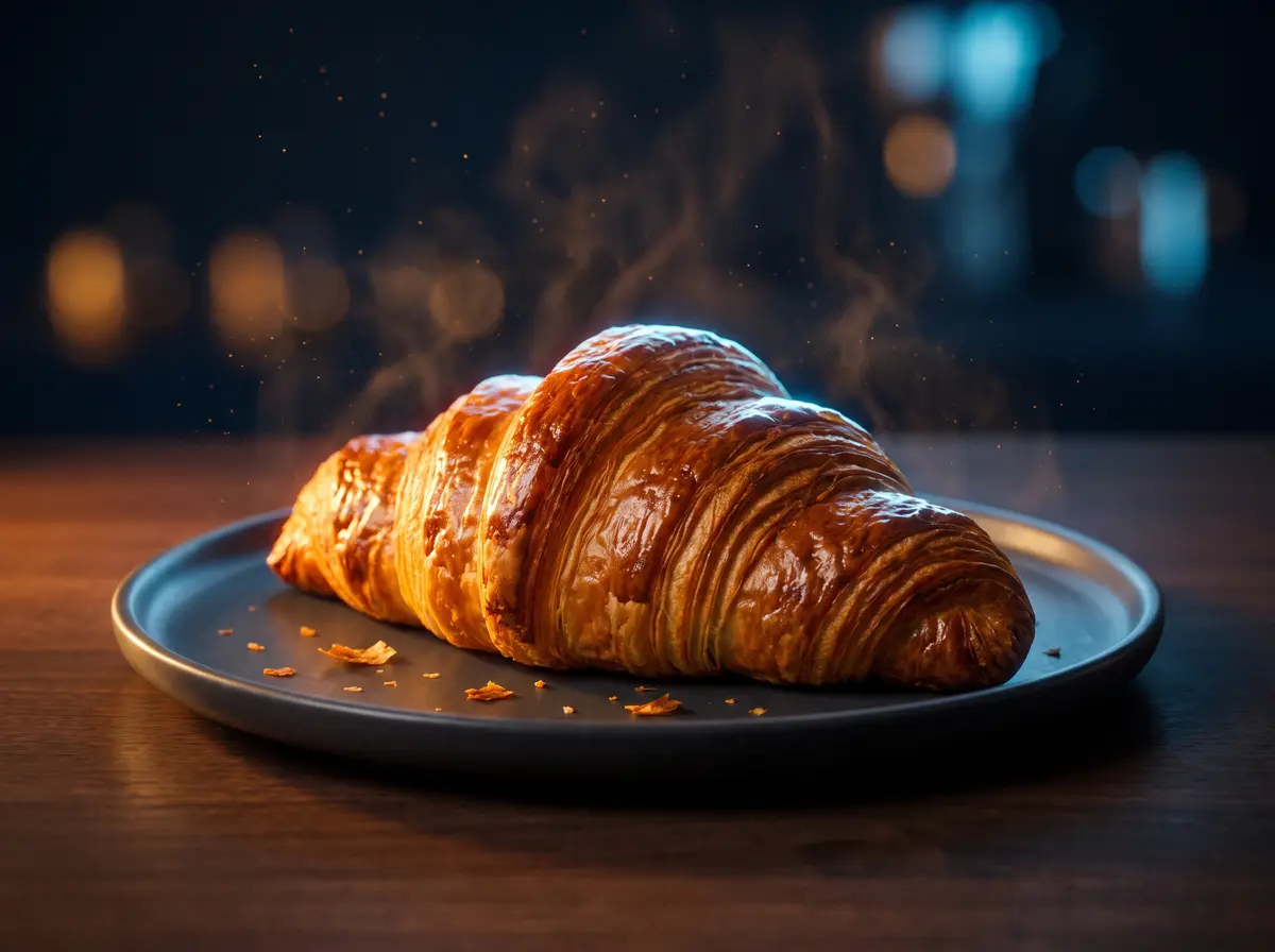 A golden croissant on a dark plate
