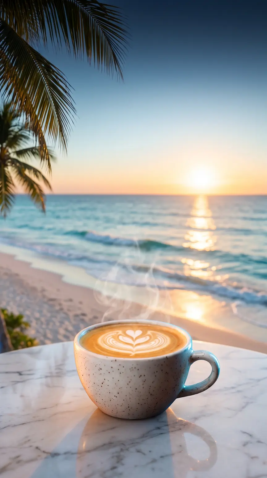 The same latte as a finished vertical post on a sunset beach terrace