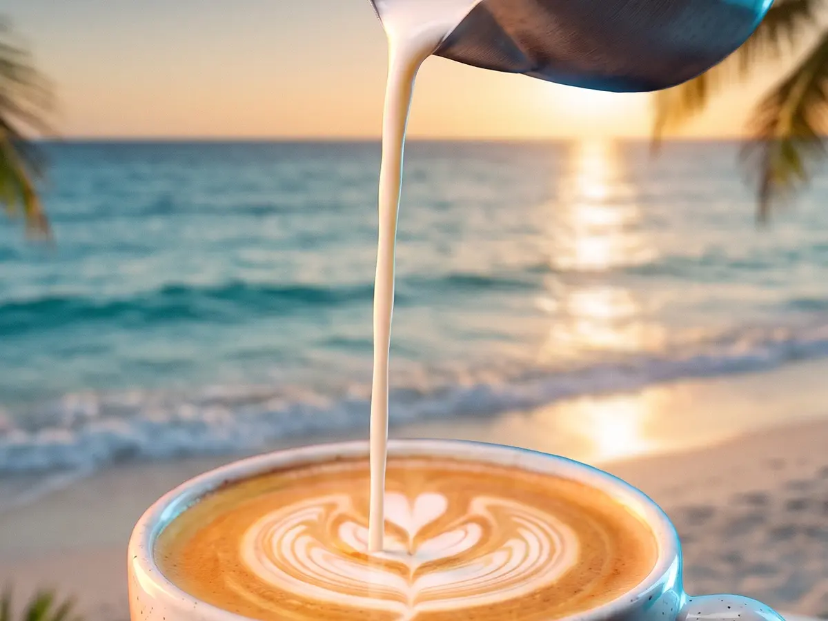 Milk pouring into a latte on a sunset beach terrace